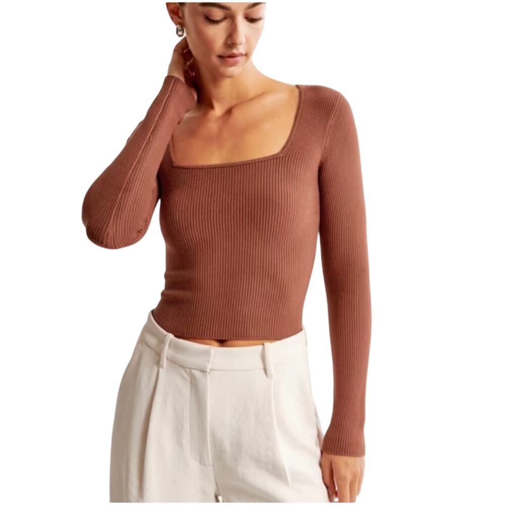 Abercrombie & Fitch Ottoman Ribbed Square Neck Long Sleeve Top Rust brown XS